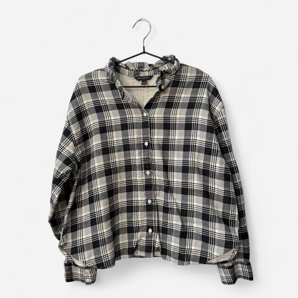 BANANA REPUBLIC Black White Plaid Ruffle Frill Collar Flannel NWOT 100% cotton